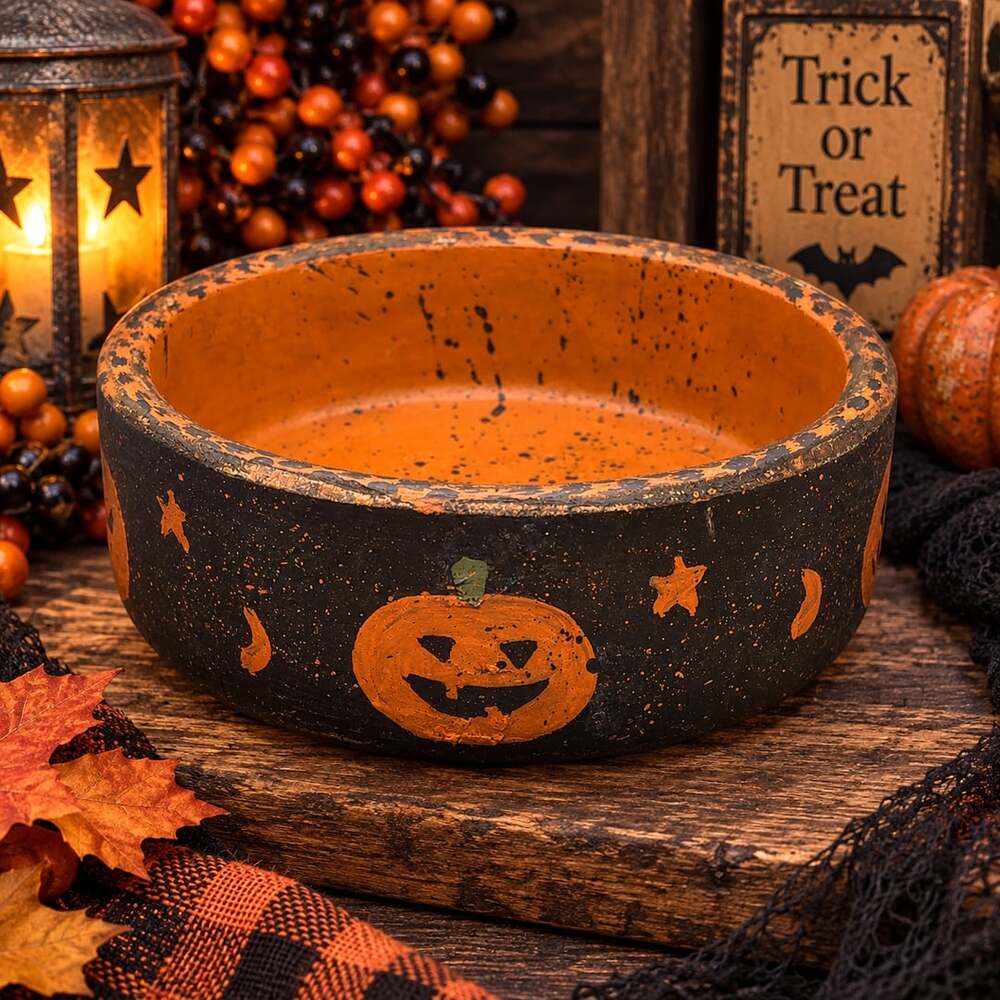 Primitive Folk Art Halloween Jack O Lantern Bowl Pumpkin Hand Painted Wood Vtg